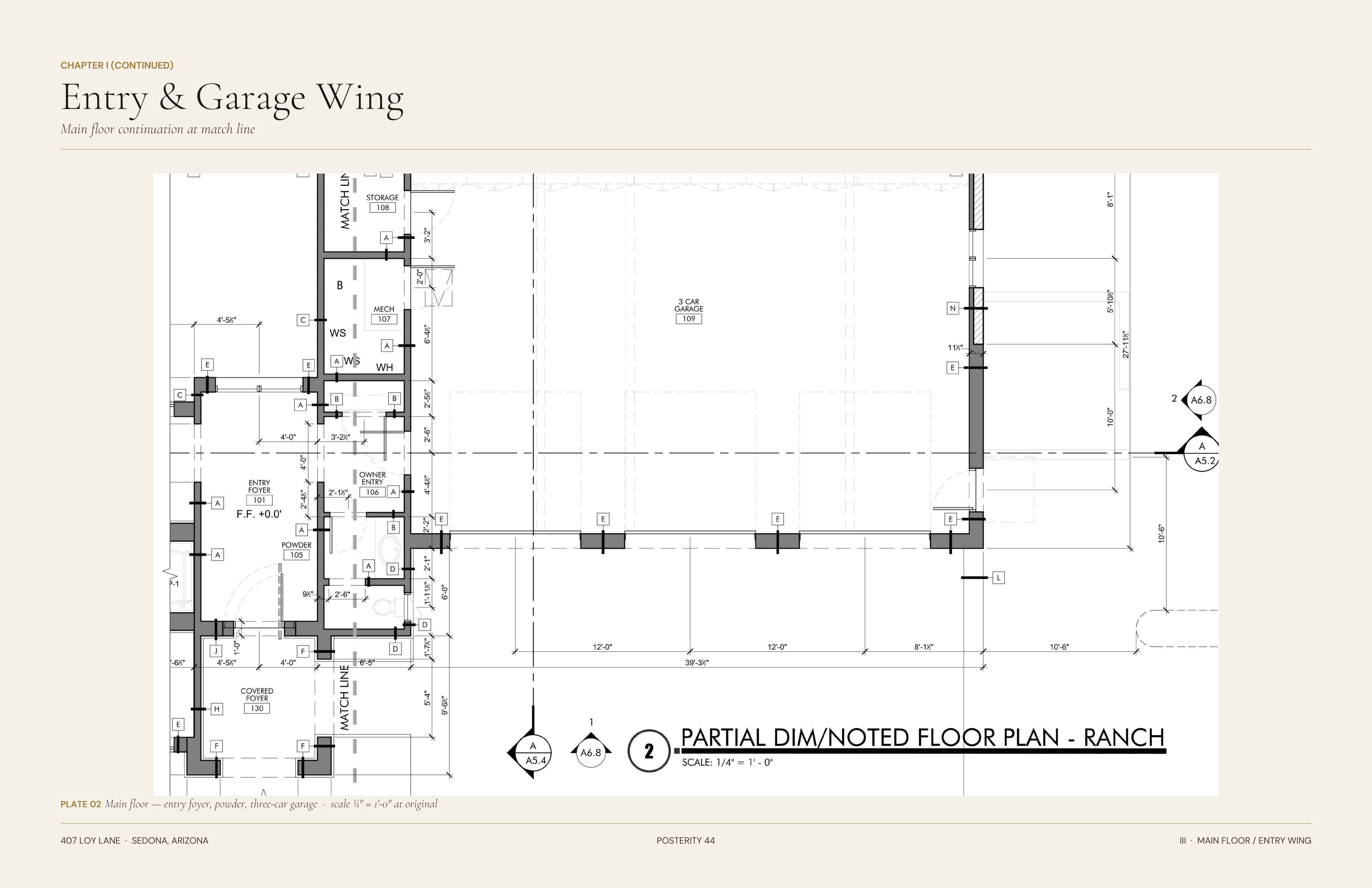 Floor plan plate two — entry foyer, powder room, and three-car garage at match line