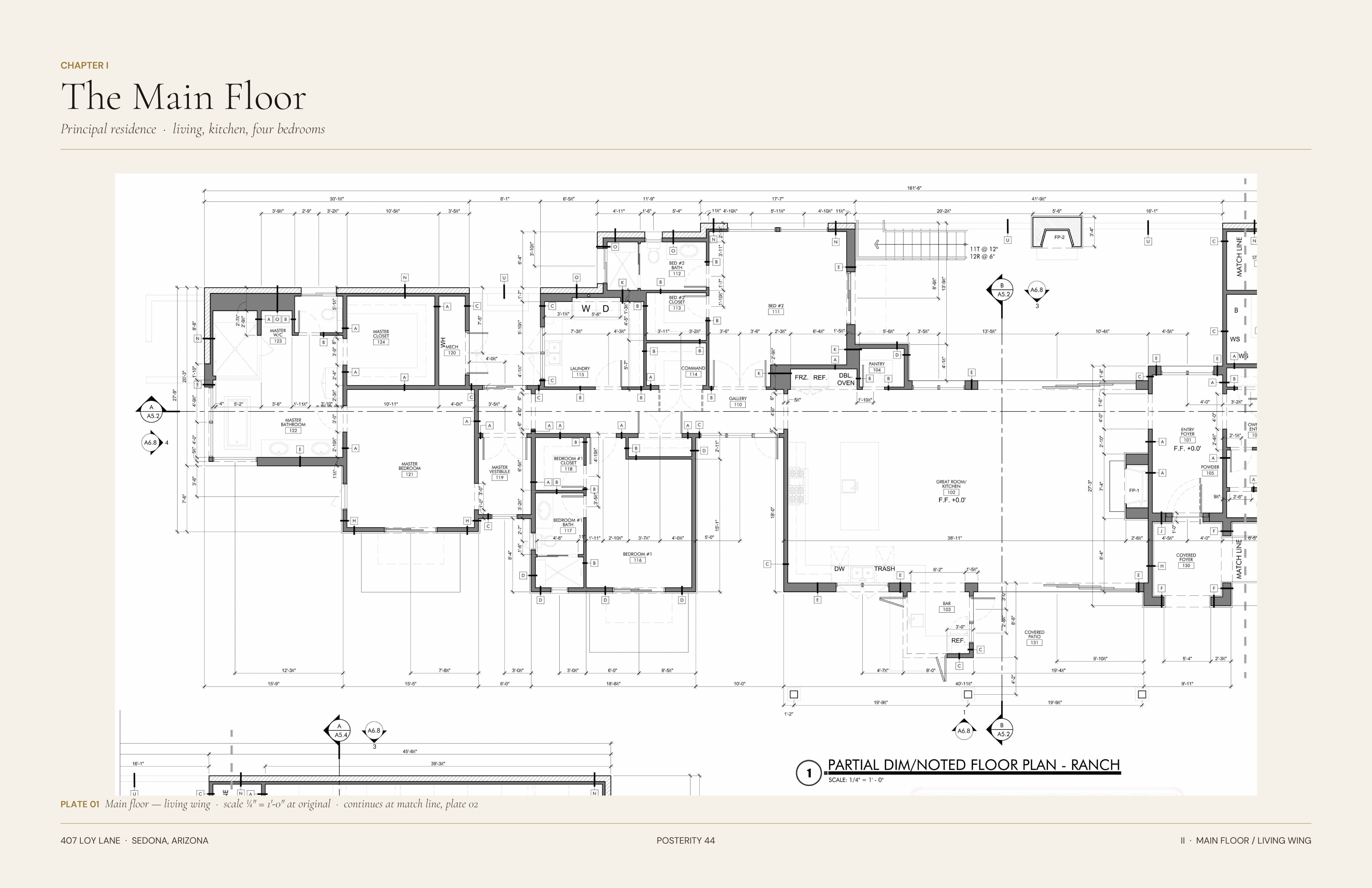 Floor plan plate one — main residence living wing showing great room, kitchen, master suite, and three bedrooms