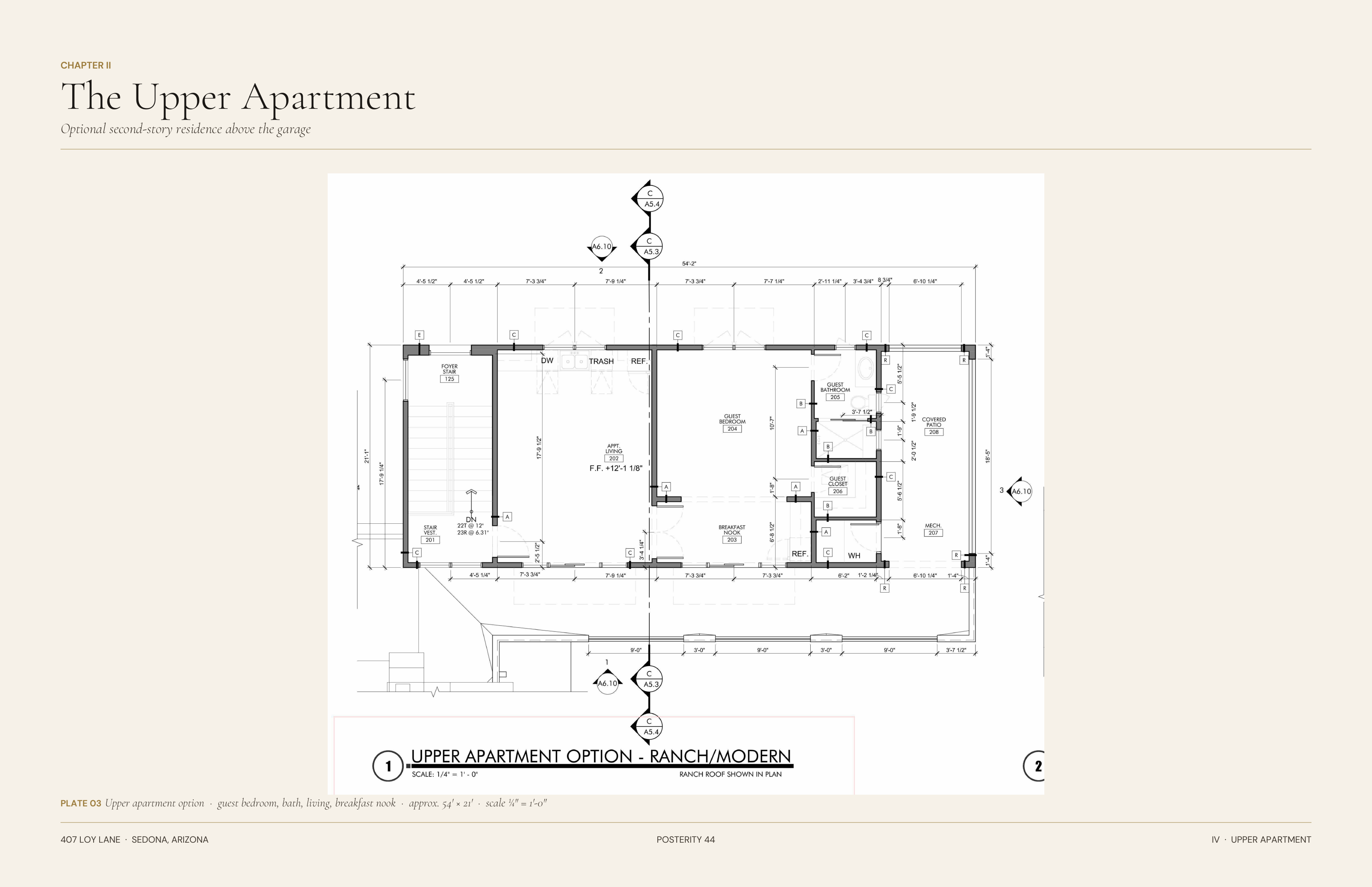 Floor plan plate three — upper apartment option above the garage volume with guest bedroom, bath, living, and breakfast nook