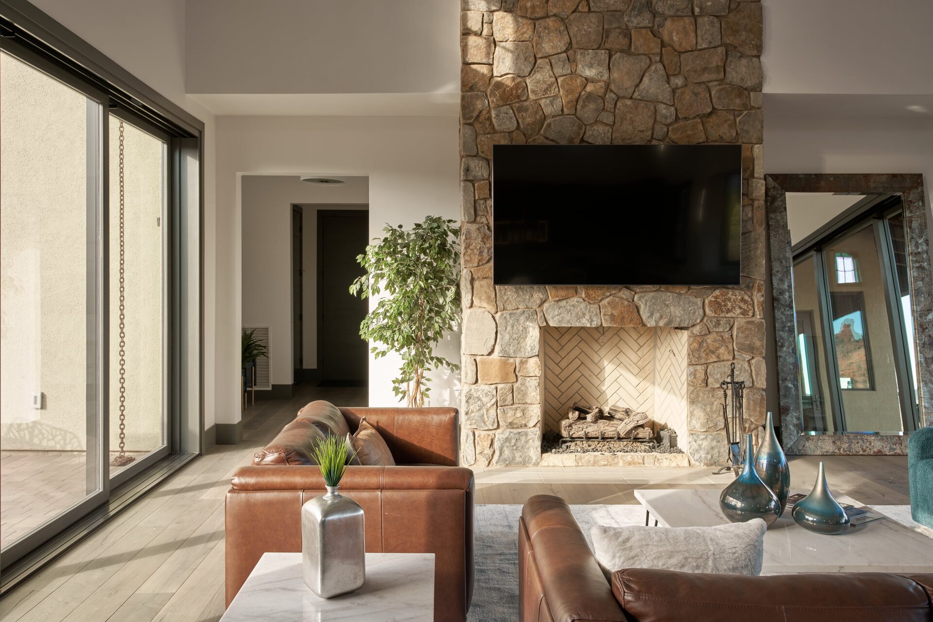 Full-height fieldstone fireplace