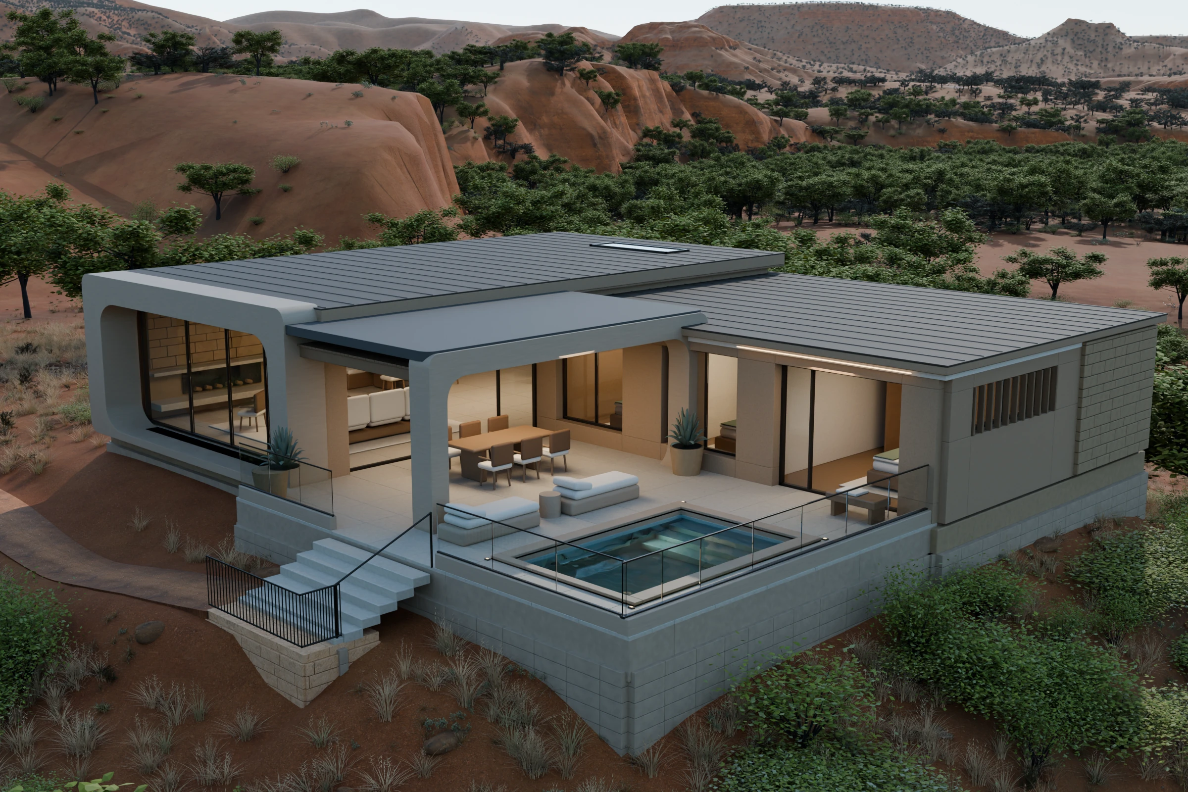 West · Peninsula Residence with rounded mineral frames, a generous covered terrace and open plunge outlook