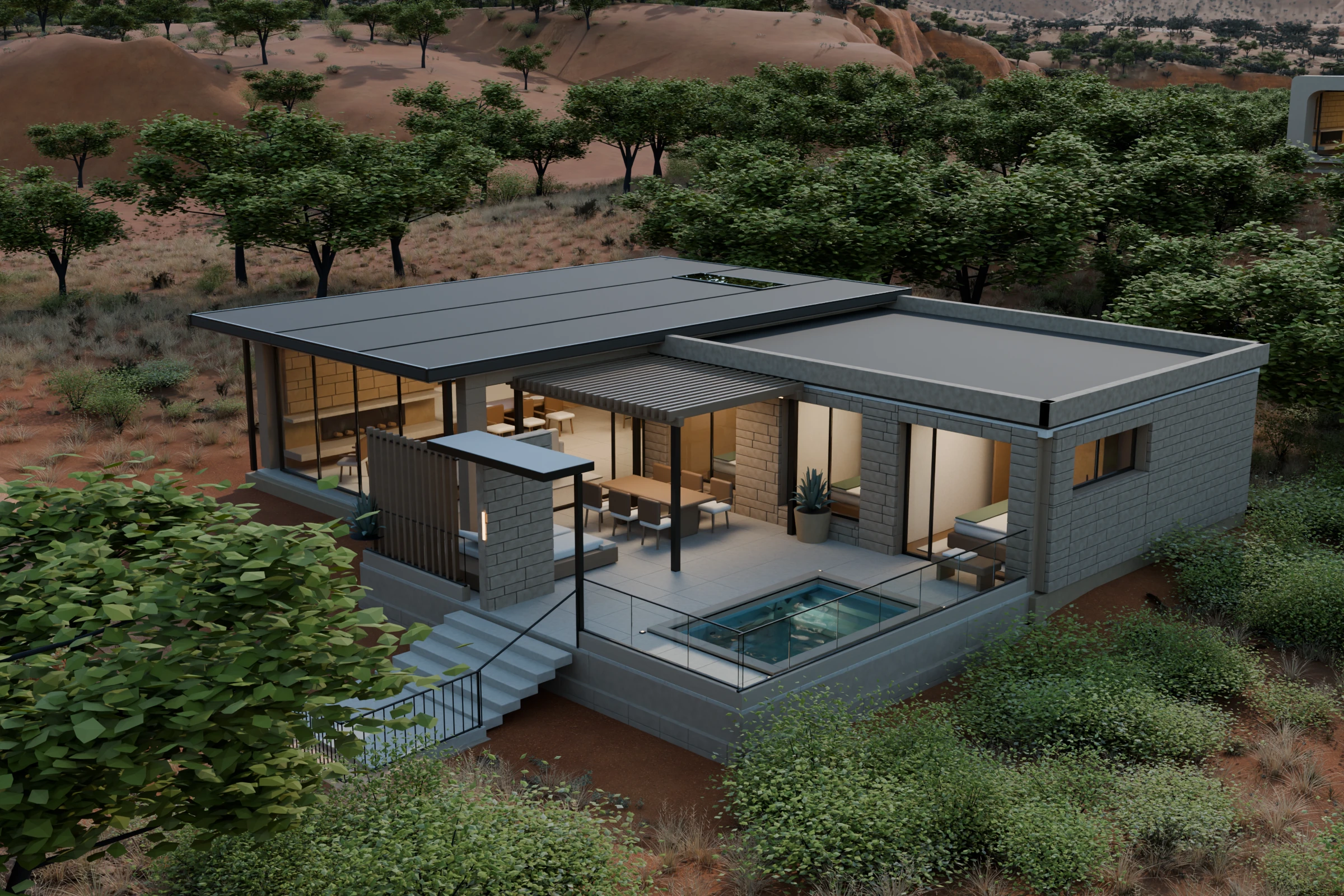 East · Courtyard Retreat, a distinct stone-and-timber home with thin roof, open pergola and screened arrival