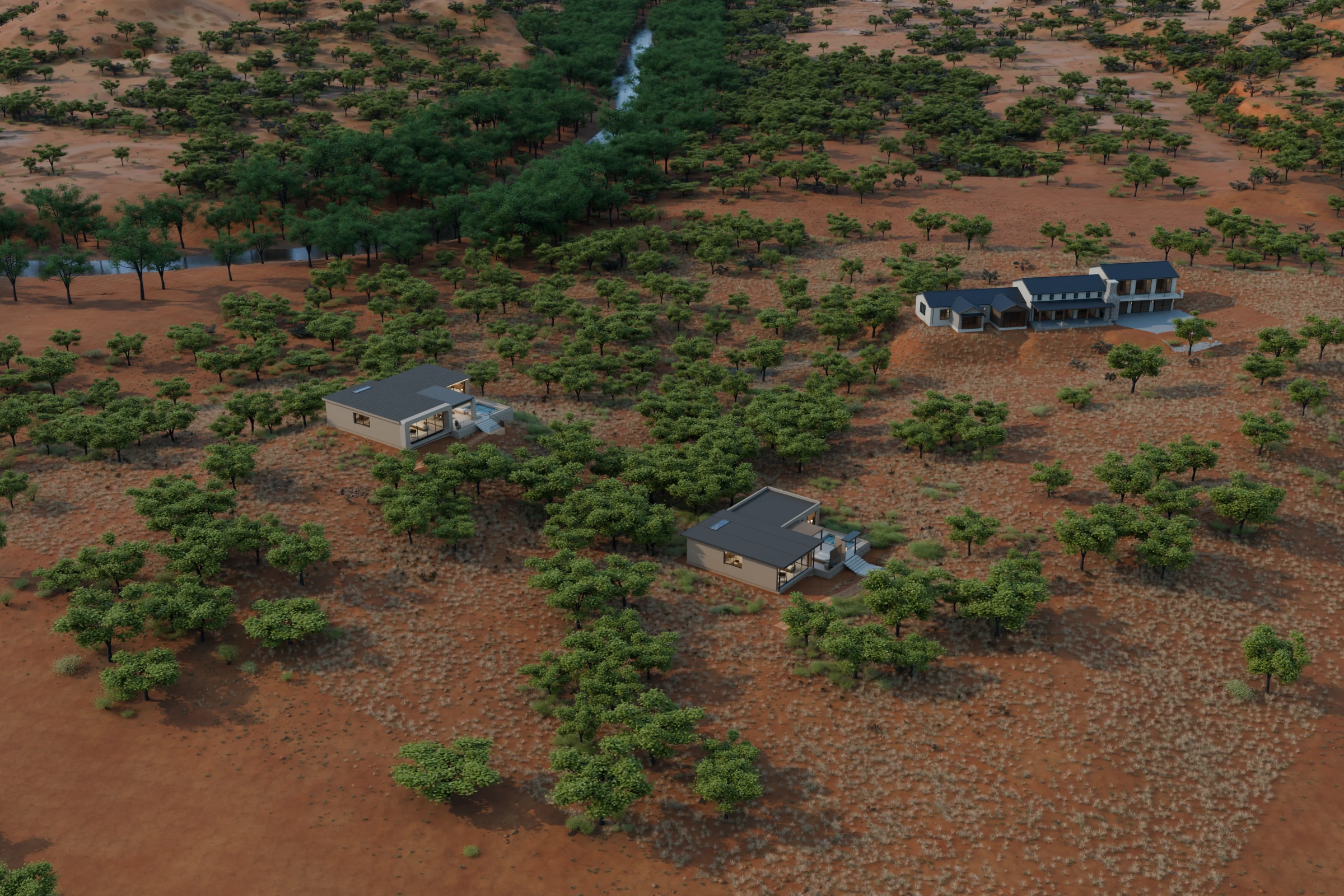 Both distinct proposed homes within the Sedona landscape, with the existing main house as background context and Oak Creek beyond